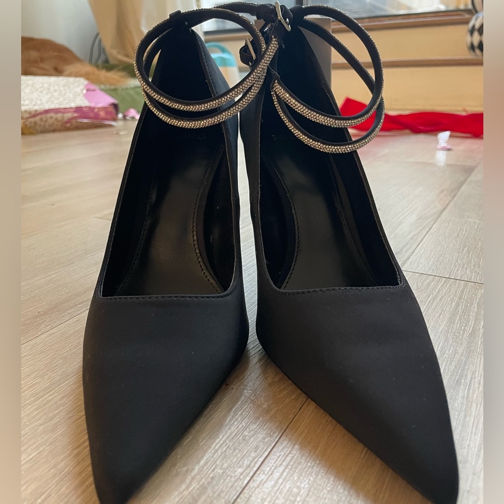 Mango Rona Black Heels Shoes Rhinestone Double Strap NEW with tags 39 Stilettos
